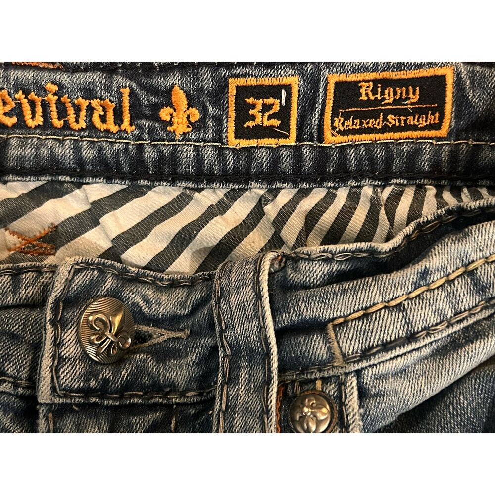 Rock Revival Jeans Mens Sz 32x30 Blue Denim Rigny Relaxed Straight Faded Patches - Picture 4 of 11